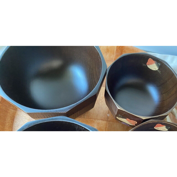 Acacia Wood Footed Rice Soup 4 Bowls Owl And Cat Graphics W/2 Small Spoons - Picture 12 of 12